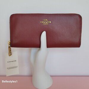 COACH Slim Accordion Smooth Calf Leather Zip-Around Wallet- Cherry color